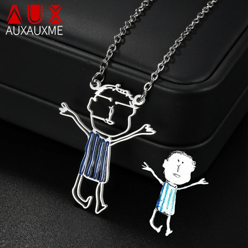 Auxauxme Custom Drawing Necklace Stainless Steel Personalzied Children's Art-work Logo Picture Color Pendant Collar Jewelry Gift