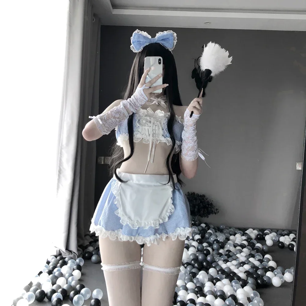 Anime Kawaii Blue Maid Uniform Cosplay Costumes for Women Sexy Lingerie Tops and Skirt Set Sailor School Girl Outfit