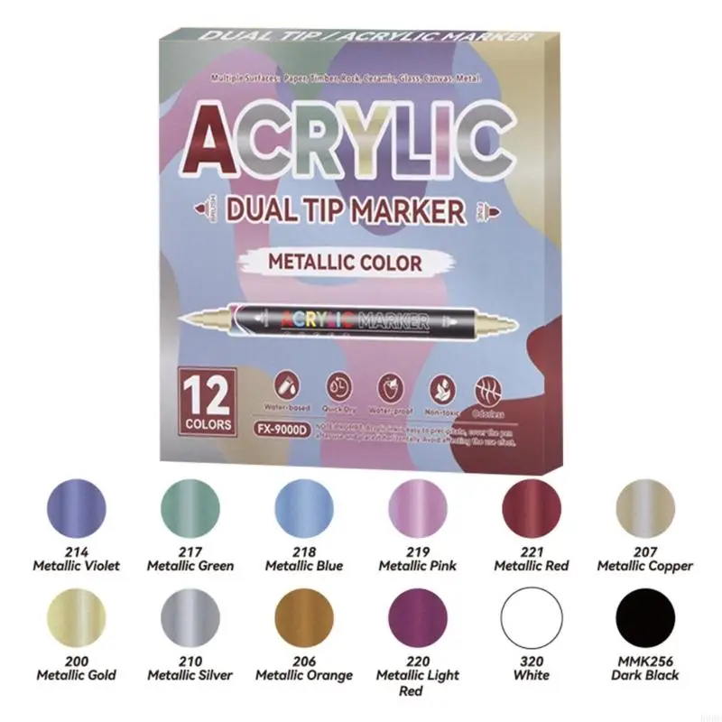 12 Color Metallic Acrylic Marker Waterproof Double Headed Acrylic Paint Pen for Model Painting Card Making Coloring 896C
