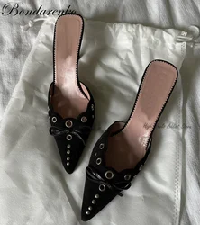 Suede Leather Bow Mules in Black\Pink Pointed Toe Hiigh Heels Slippers Women Summer Vintage Elegant Causal Party Dress Shoes