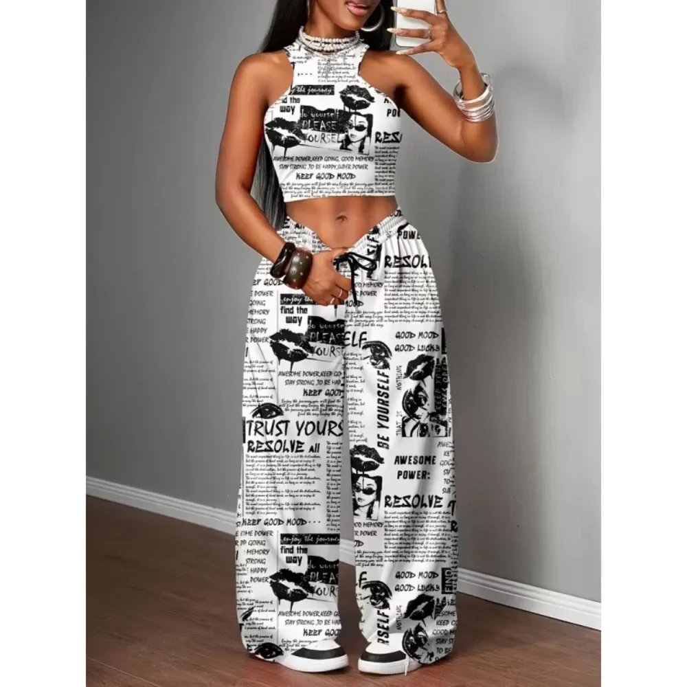European American Women New Printed Tank Top Wide Leg Pants 2 Piece Street Sport Daily Outfit