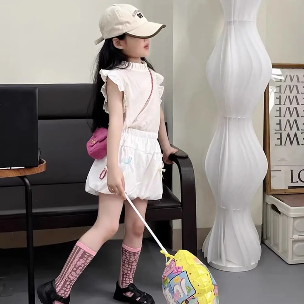 Solid Color Girls Shorts Elastic Waist Bow Decorative Toddler Shorts Puffball Shorts Side Seam Children's Clothing 3-7 Years