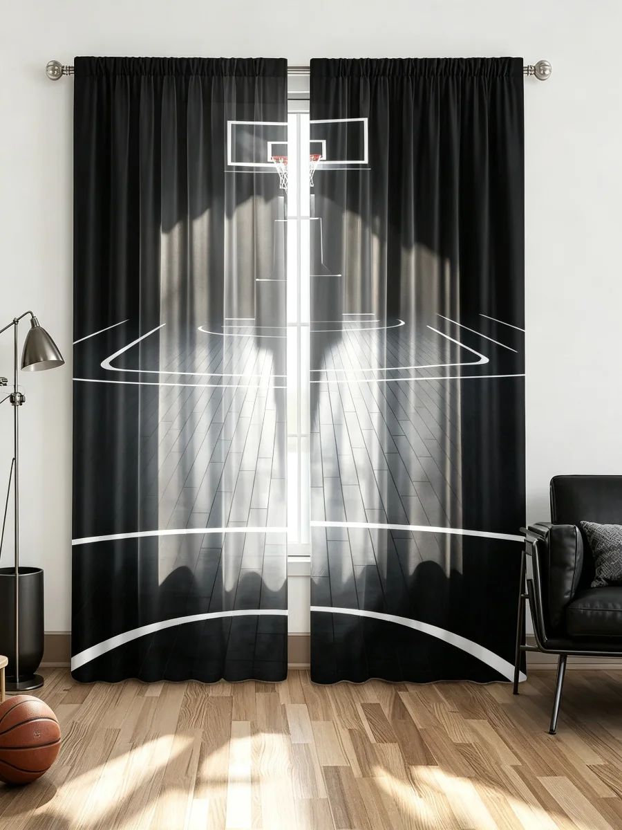2PCS Digital Print Curtains, Basketball Court Sports Theme, Black White Line Art Rod Pocket Drapes for Bedroom Living Room