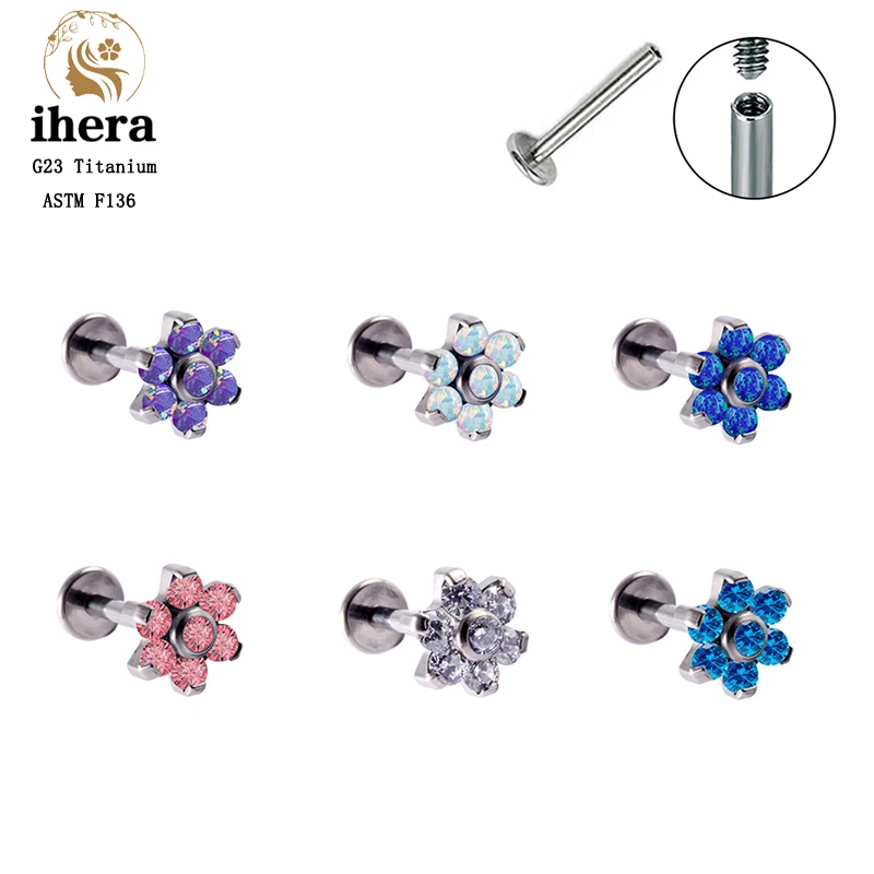 G23 Titanium Opal Flower Piercing Stud Earrings Labret ASTM F136 16G Lip Stud Ear Tragus Cartilage Piercing Women Body Jewelry