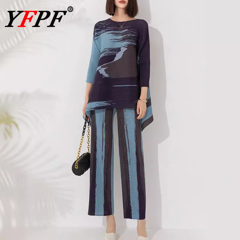 

YFPF Fashion Printing Design Pleated 2 Piece Set For Women Contrast Color Loose Blouse + Long Pants Casual New Clothing 3A269