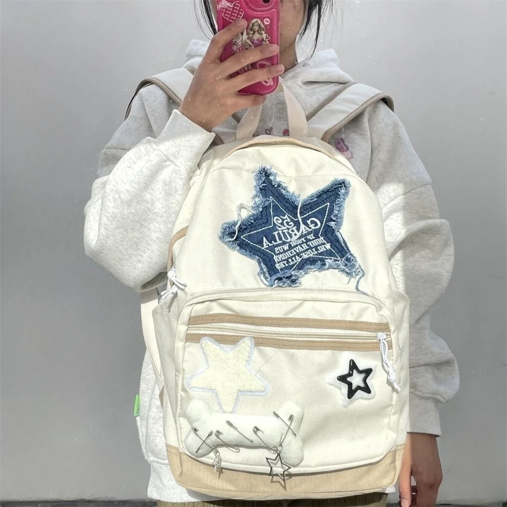 Fashion Denim Letter Star Girl Backpacks Sweet Casual Korean Schoolbag Y2k Aesthetic Contrast Color All Match Backpack Women