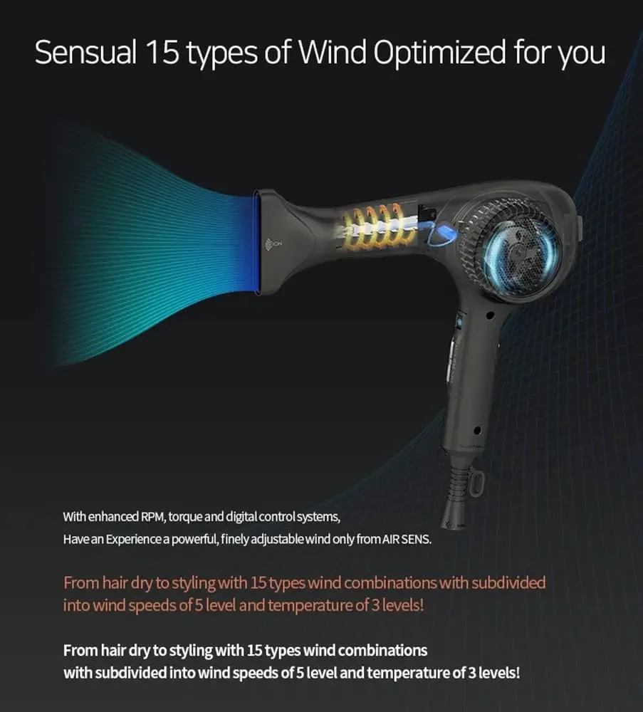 AIR SENS Professional Hair Dryer - 3 Heat X 5 Wind Fast Drying, Low Noise, Curling, Durable, Best Blow Dryer Frizzy Hair, 2 Nozz