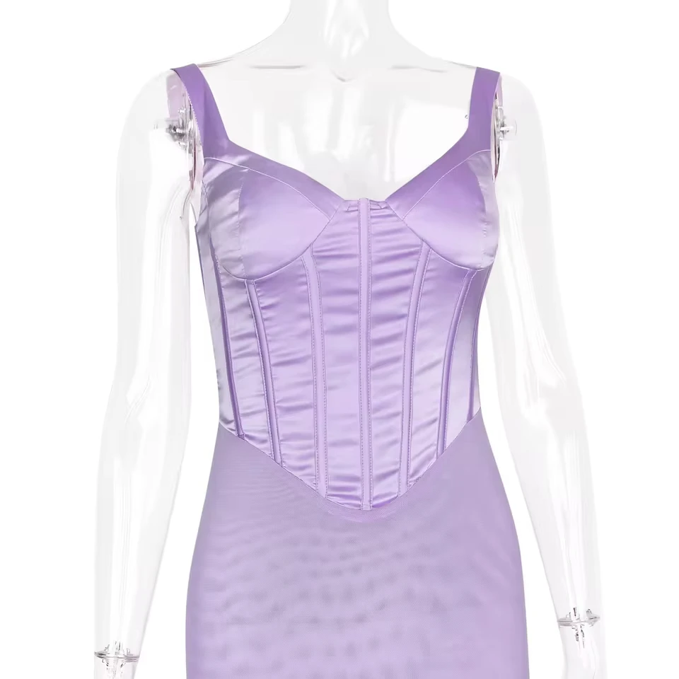 

Wide Strap Deep-V Neck Women's Evening Dress Pleated Slimming Tight Bandage Gown Purple Backless Party Skirt Newest In Stock