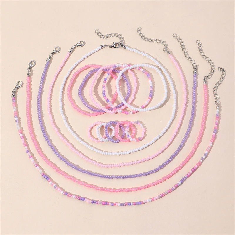 15pcs/set Handmade Boho Bead Jewelry Set – Colorful Necklace, Bracelet & Ring for Everyday Style.