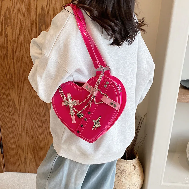 JK Girl Heart Shaped Handbag Japanese Cute Lolita Chain Crossbody Bag Cross Rivet Decoration Shoulder Bag Daily Travel Tote Bag