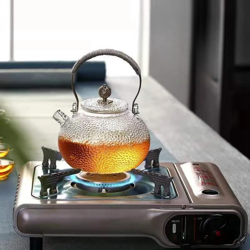 900ml Japanese Hammered Glass Teapot Copper Overhead Handle Heat‑Resistant Stovetop Kettle Open Flame Brewing Teapot
