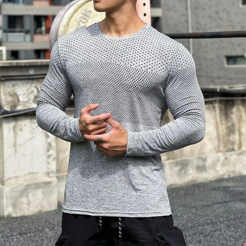 New fashion men's sportswear round neck long sleeve T-shirt shirt thin quick drying breathable fitness men's wear