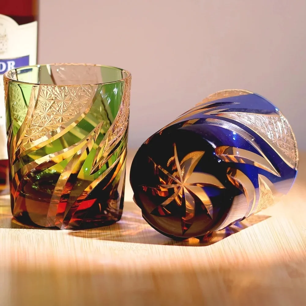 Hand-blown Amber Whiskey Glass Tumbler with Hand Cut Classic Edo Kiriko Design Barware  for Gift Home Bar Decor