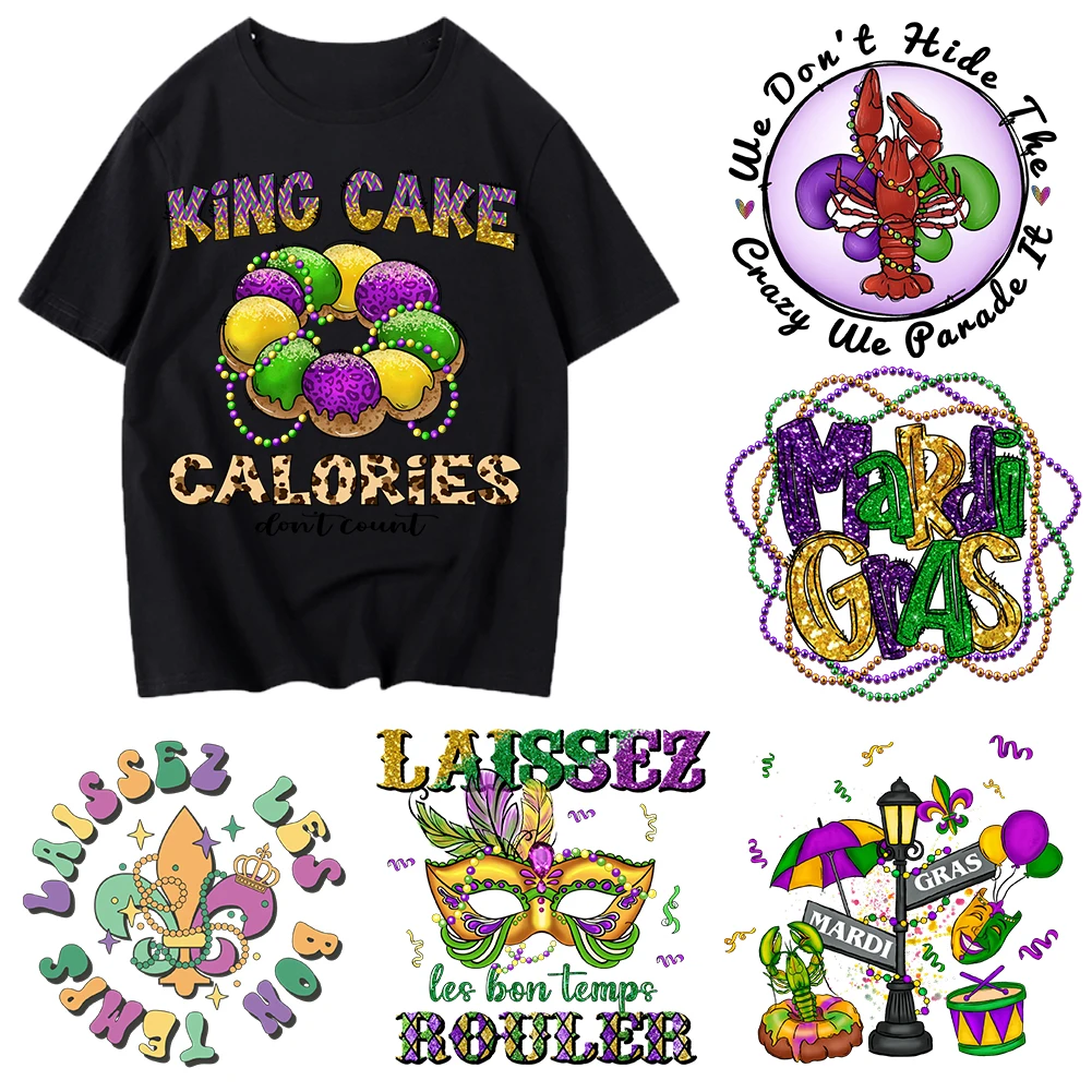 happy Mardi Gras  Iron On Heat Transfer Stickers For Clothes DTF Pinted Vinyl Thermal Appliques Washable T-Shirt Decal