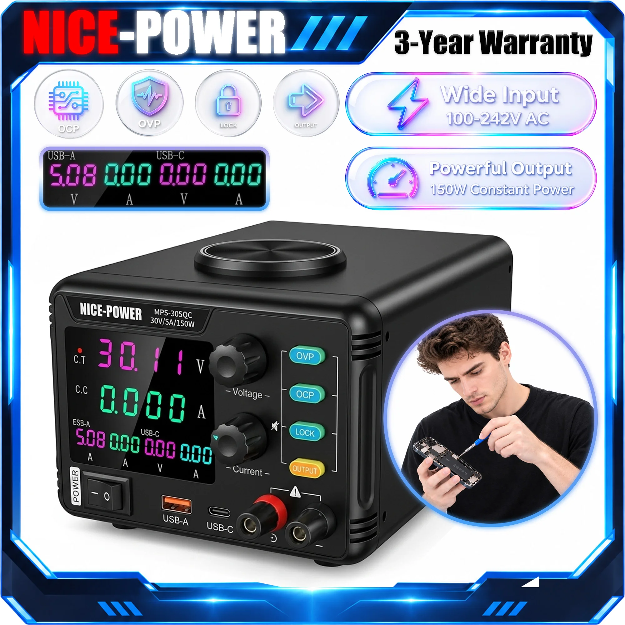 NICE-POWER Adjustable Power Supply for Phone Repair, 12V 24V 30V 48V 60V 120V DC Laboratory Power Supply Display USB Volt Ampere