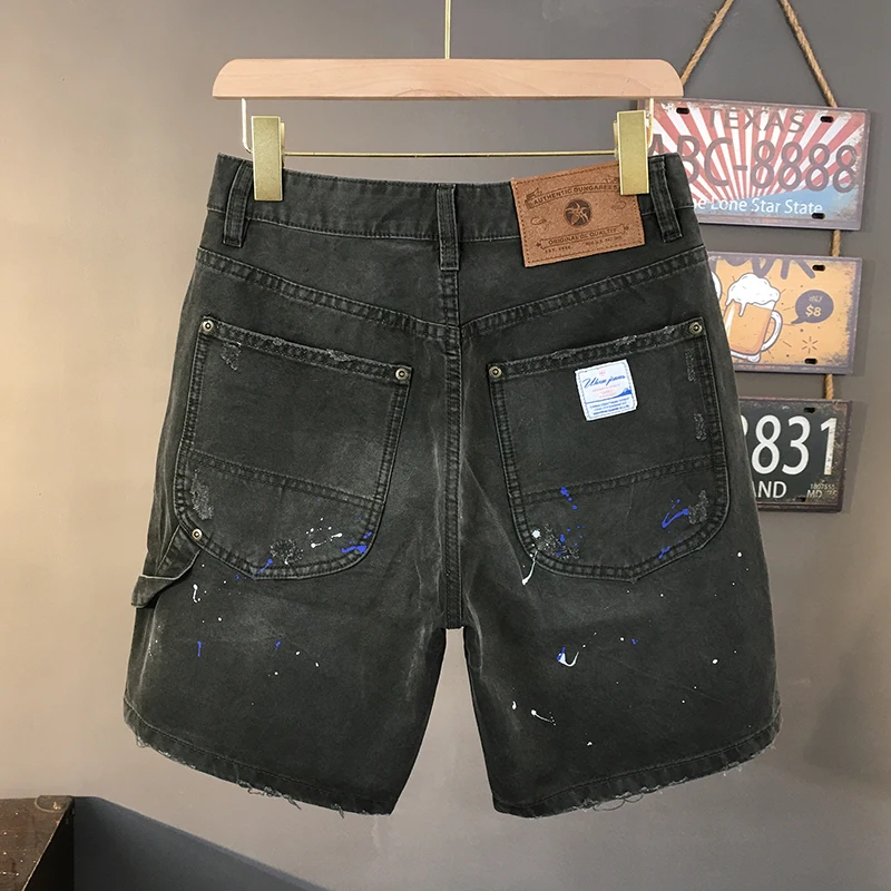Men's High Street Cargo Shorts Summer American Vintage Distressed Washed Splatter Paint 100% Cotton Loose-Fit Green Heavyweight