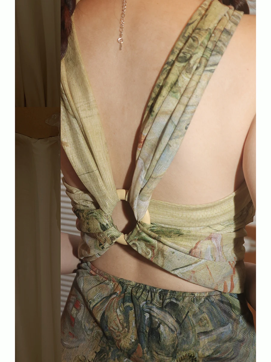 RORORIRI Vintage pittura a olio dolcevita abito intero ritagliato senza schienale gonna lunga per abiti da donna abito da spiaggia per le vacanze croce