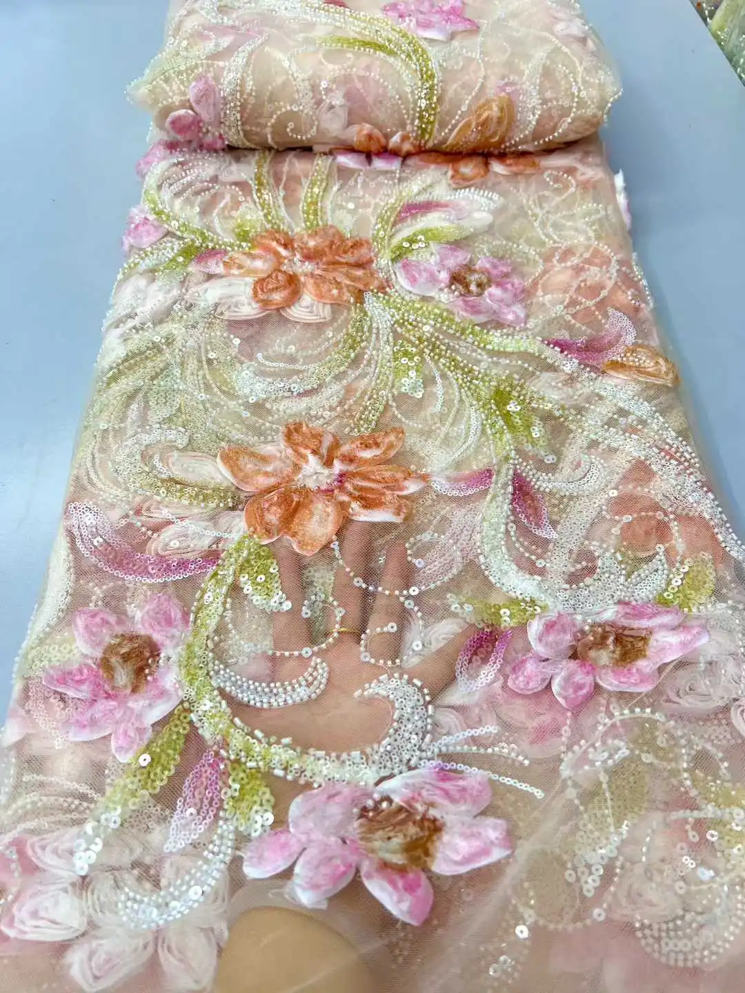 

5 Yards Latest African Sequins Beaded Lace Fabric Pink Embroidery French Mesh Sequins Lace Fabric Nigerian Tulle Lace For Party