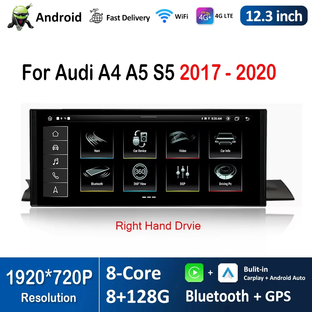 

12.3 inch 1920*720P Right Hand Drvie Android Car Radio Video Multimedia Player Bluetooth for Audi A4 A5 S5 2017 - 2020 4G WiFi