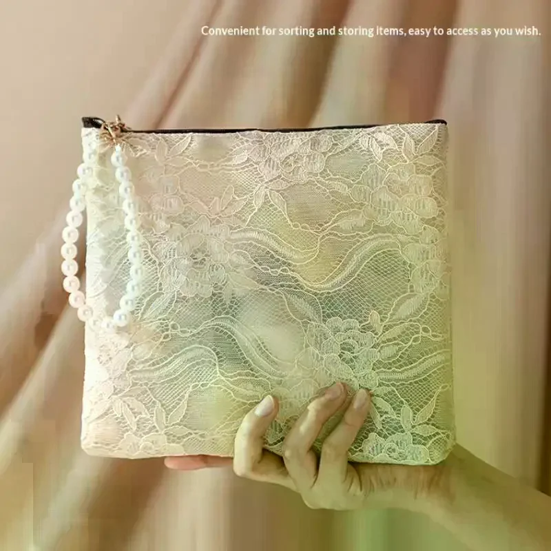 Lace Cosmetic Bag With Pearl Wrist Strap And Semi Transparent Design Perfect For Daily Makeup Storage Travel Use