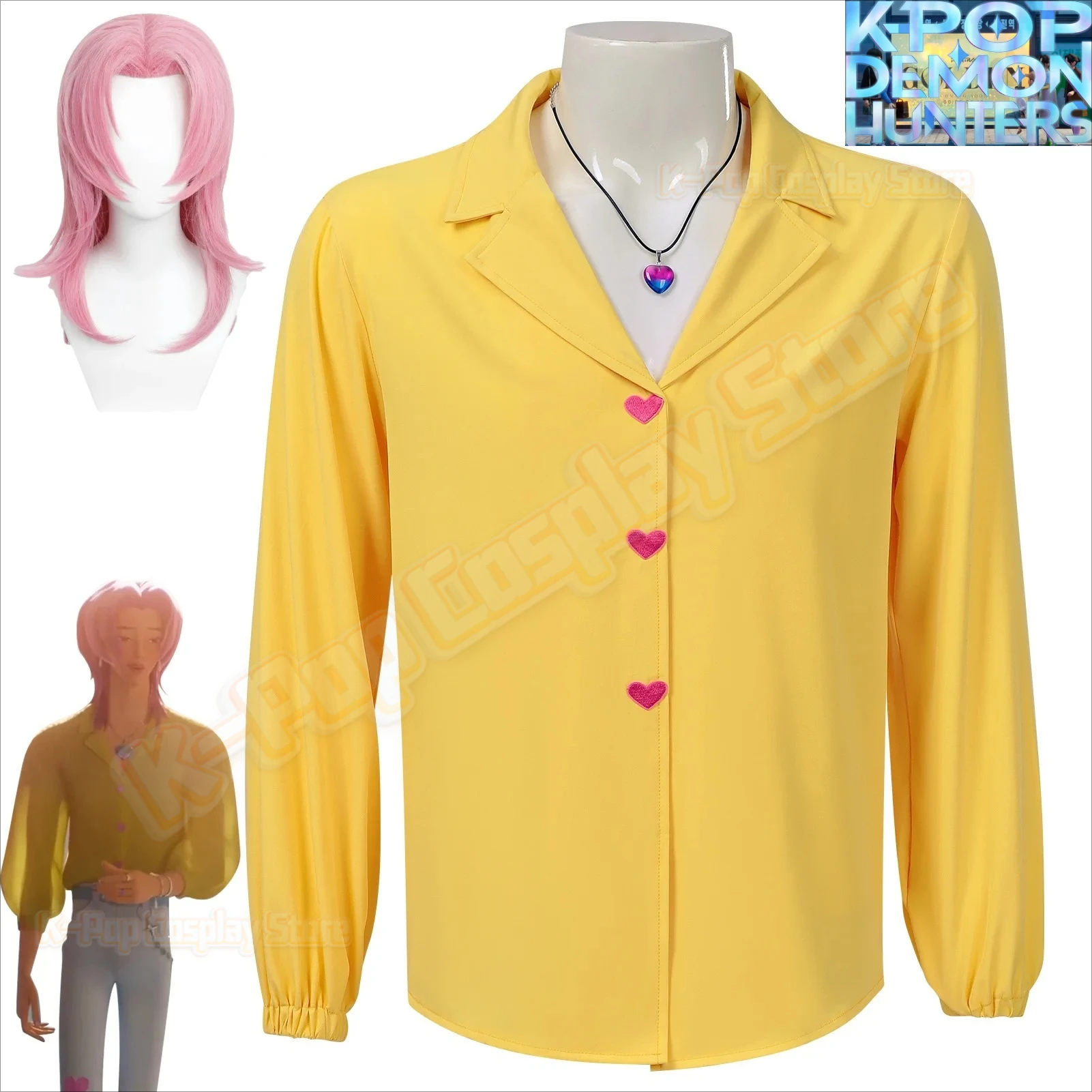 

New Anime KPop Demon Hunters Saja Boys Romance Cosplay Costume Wig Yellow Shirt Necklace Halloween Carnival Party