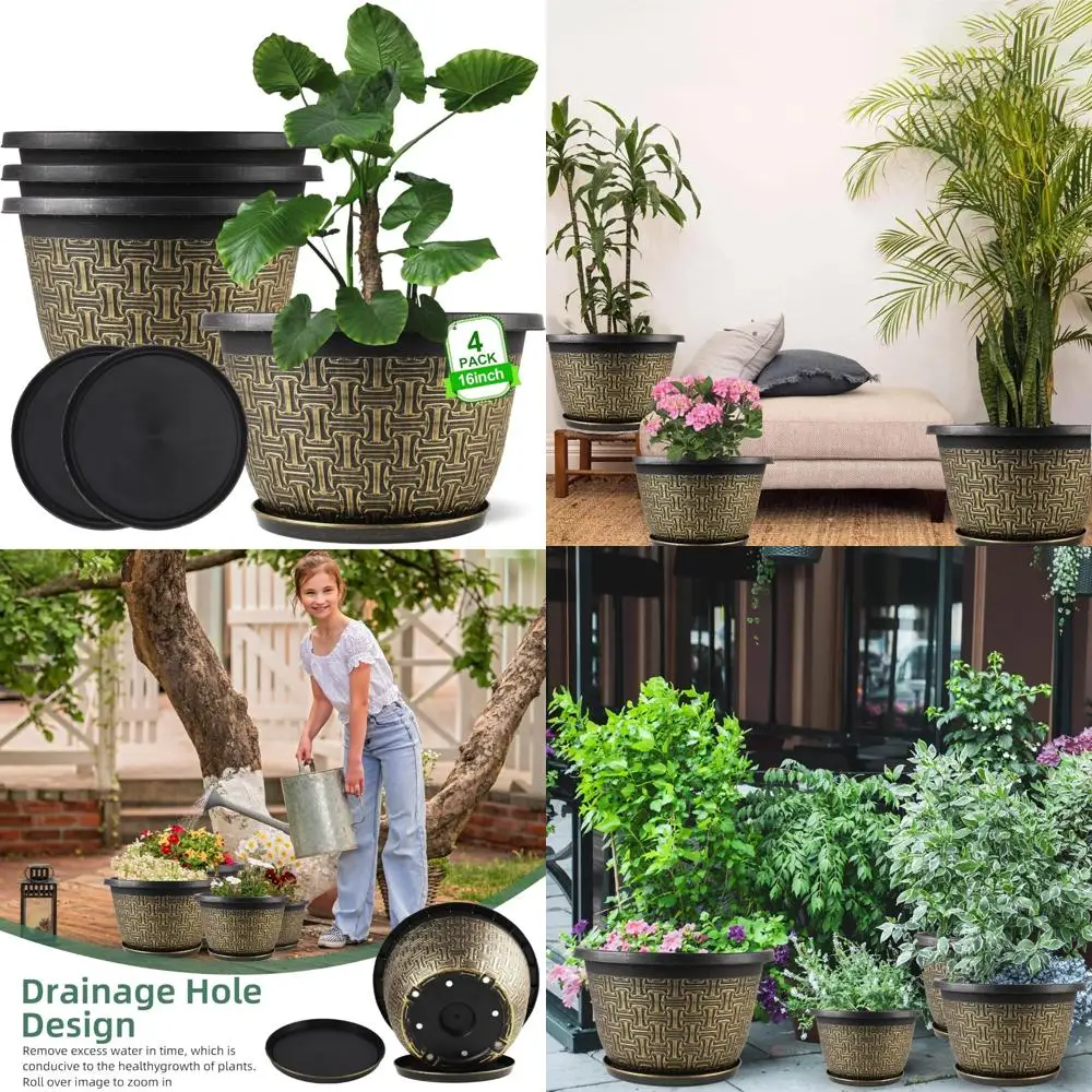 

4 pack 16 inch planter,large plastic flower pots outdoor indoor with drainage holes & trays, retro antique imitation decorative