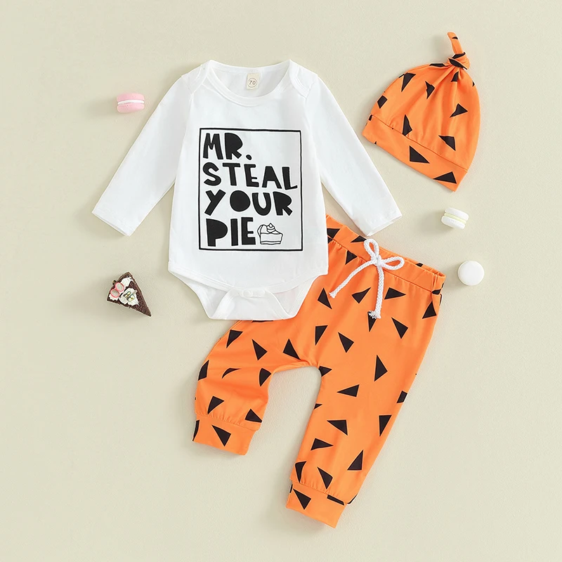 Trajes de Halloween para bebés y niños, peleles de manga larga con estampado de letras, pantalones largos con estampado geométrico, sombrero, conjunto de ropa de Otoño de 3 piezas