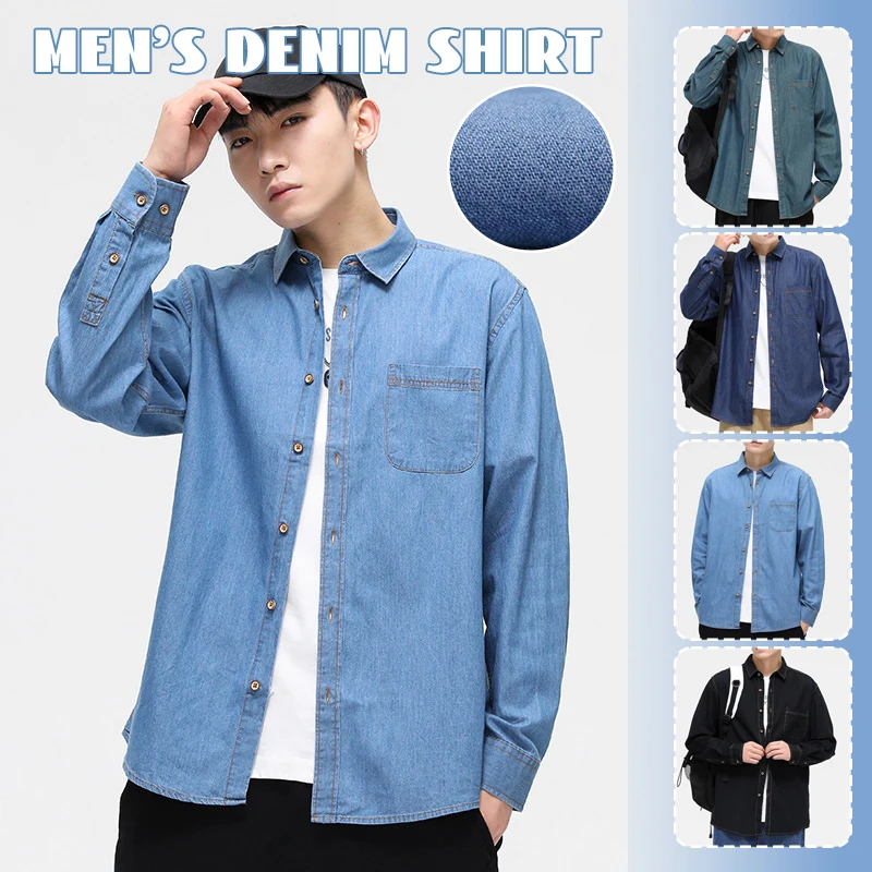 Spring Autumn Vintage Baggy Jacket Mens Denim Shirt Fashion Harajuku Long Sleeve Tops Trend Streetwear Oversized Male Clothing