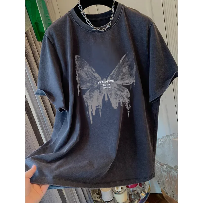 النمط الأمريكي الرجعية إلكتروني طباعة المرأة تي شيرت 2025 جديد الصيف العصرية غسل-أسود قمة Harajuku وسيم الشارع الشهير المحملة القمم #3