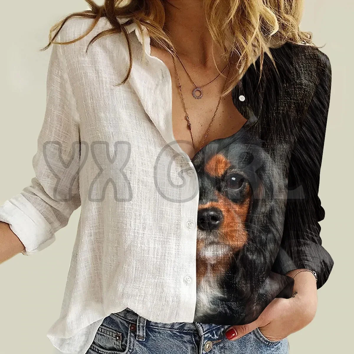 

YX GIRL Half Angel Half Cavalier King Charles Spaniel Women's Long-Sleeve 3D Printed Button-down Shirt Casual Unique Streewear