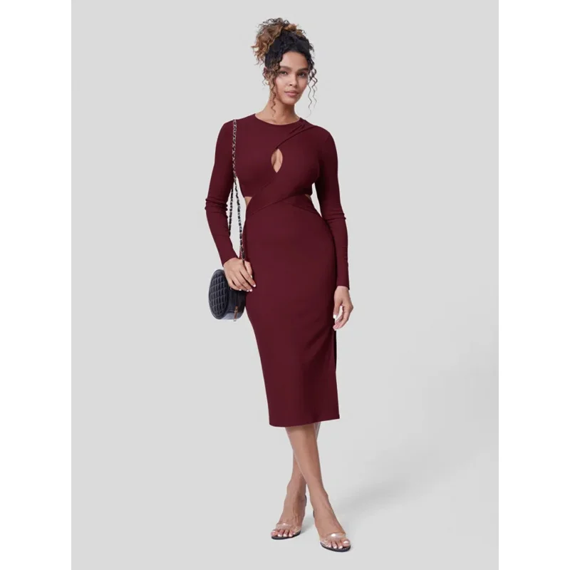 

YQ1-Women's Solid Color Sexy Hollow OutVSlim Fit Split Long Sleeve Bodycon Dress