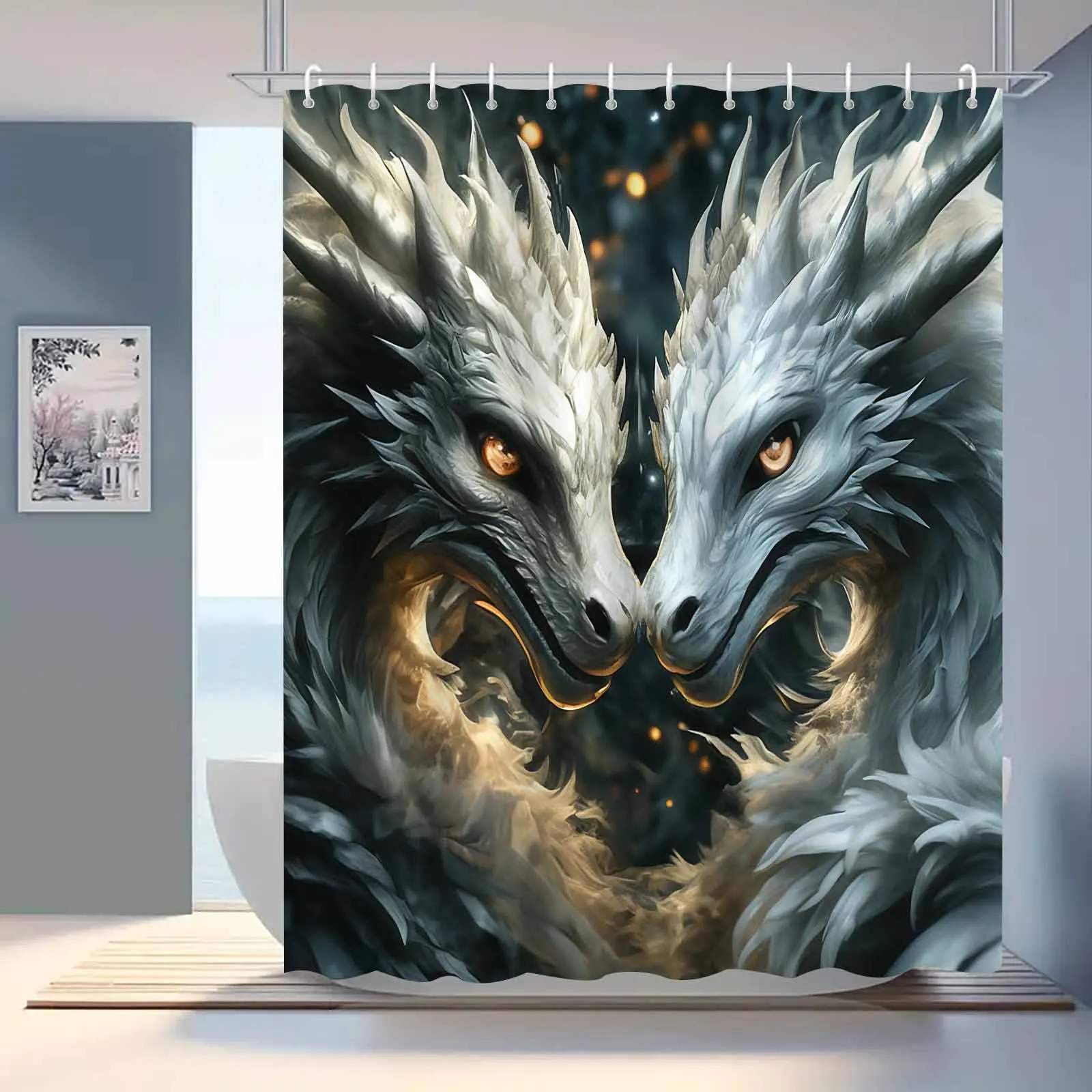 Jit1pc Powerful Beast Eastern Divine Dragon Double Dragon Shower Curtain, Luxurious Elegant Bathroom Curtain, Bathroom Decor Des
