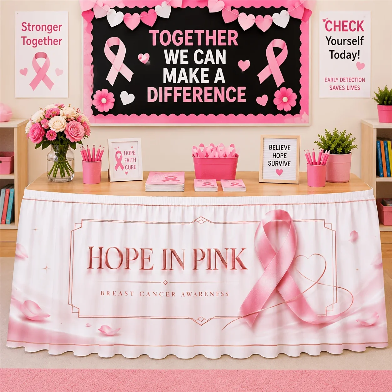 1 tablecloth table skirt, polyester pink hope breast cancer awareness belt, rose petal love print decoration