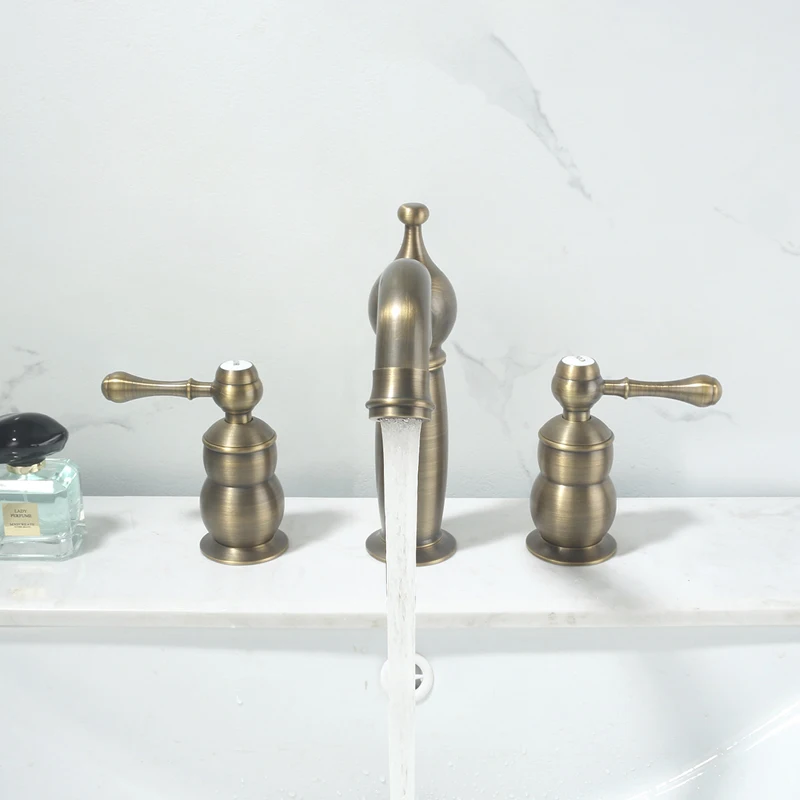 

Antique Three Hole Basin Sink Faucet Deck Mounted Double Handle Hot and Cold Mixer Taps 8 Inch Widespread Bathroom Sink Faucet