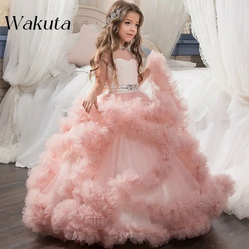 Wakuta-Vestido De gasa sin mangas con cuello redondo para niño, bata De princesa, mopa De plumas, velo esponjoso, Vestido De noche para Fiesta