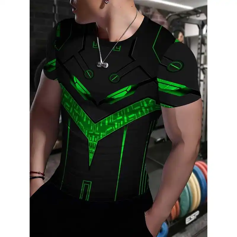 Men's high-elasticity quick-drying black and green techwear fitness short-sleeve shirtTT-shirt with tech lines for sports