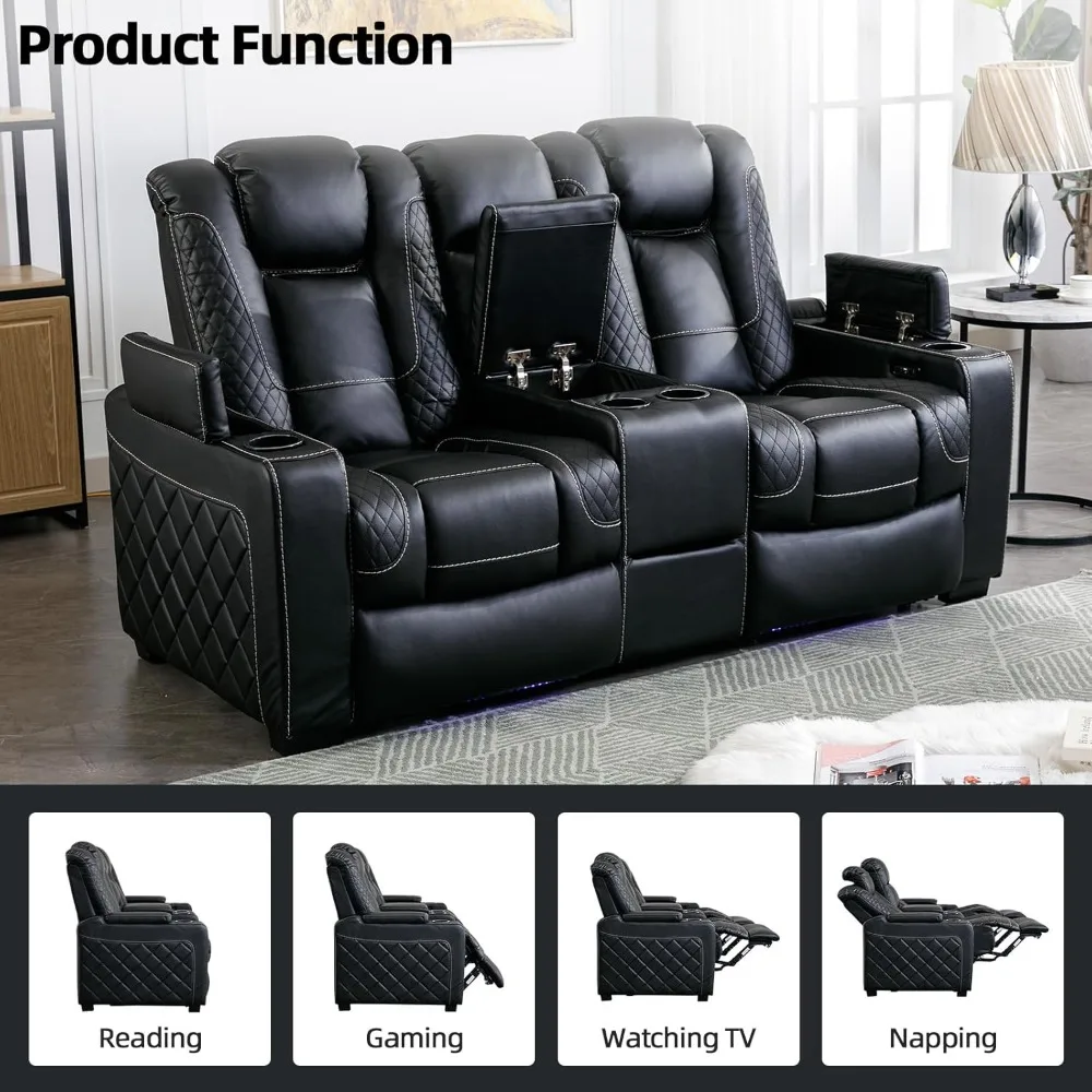 Sièges de cinéma maison en simili cuir noir avec éclairage ambiant, fauteuil inclinable électrique, appui-tête réglable, caché