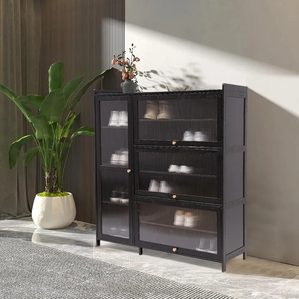 خزانة تخزين من 4 طبقات مع أبواب قابلة للطي، خزانة أحذية من الخيزران الروطان مع باب شفاف للممر، غرفة المعيشة، 100 * 33 * 110 #6