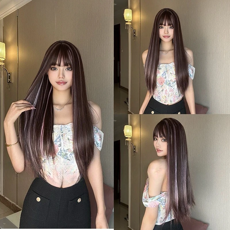 

Stylish Women's Highlights Long Straight Hair Wig Daily Natural Air Bangs Long Straight Hair Hot Sale