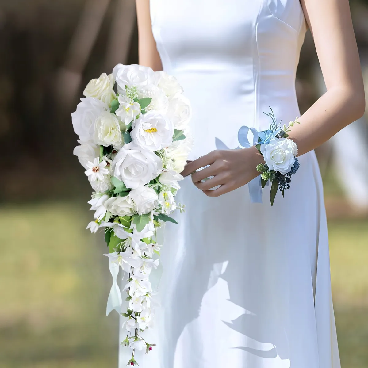 

Wedding Bridal Bouquet, 27.5 Inch Bride Artificial Rose Flowers with Ribbons for Boho Rustic Ceremony Anniversary Party Wedding