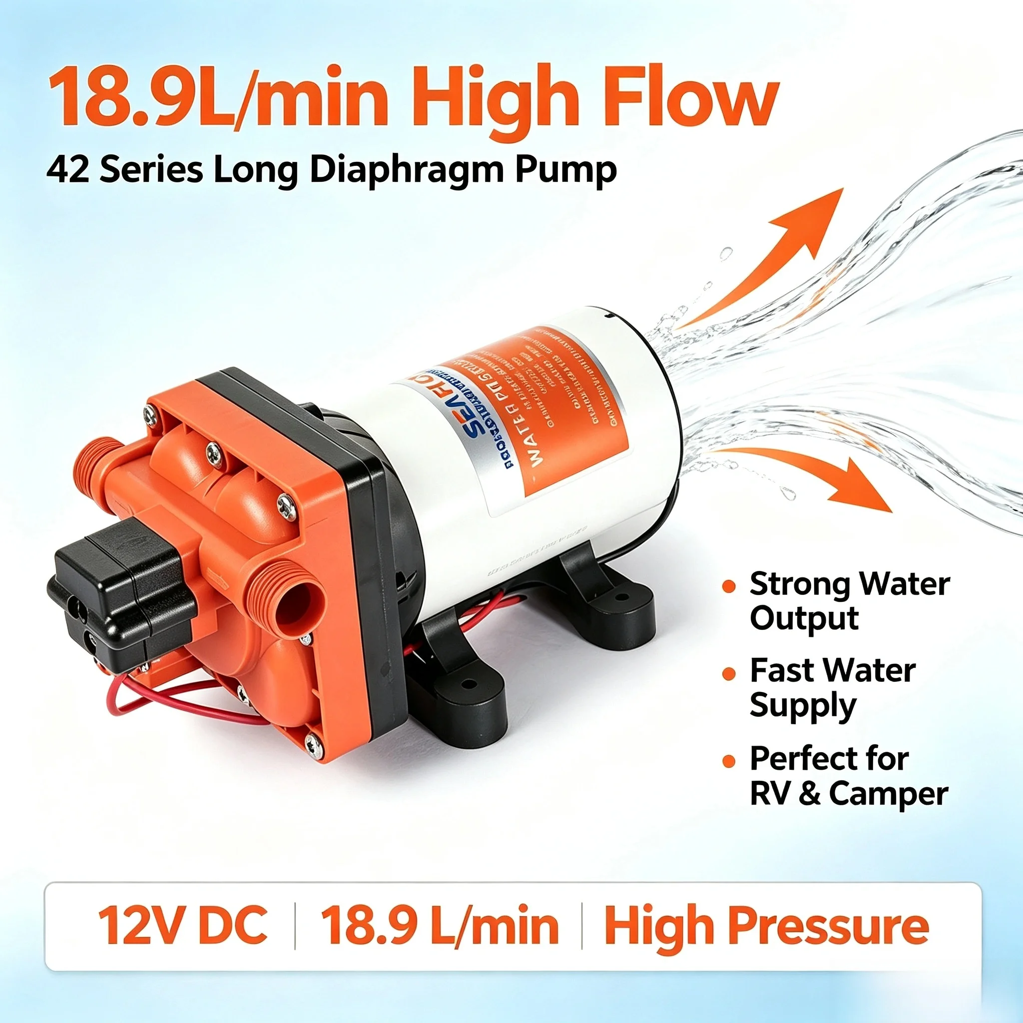 12V 42 Series 18.9LPM Long Pump Auto Start RV Camper Booster Pump Optional 1L Tank Self Priming Full Fittings