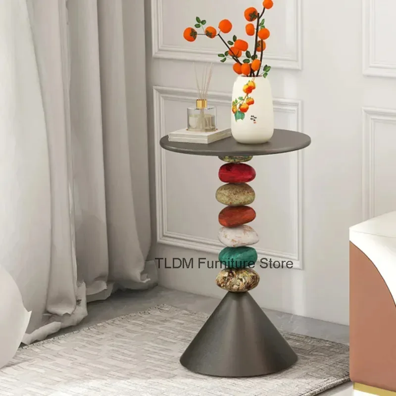 Colorful Stacked Stone Side Table, Artistic Accent Table with Round Top, Creative Living Room End Table for Bohemian Home Decor