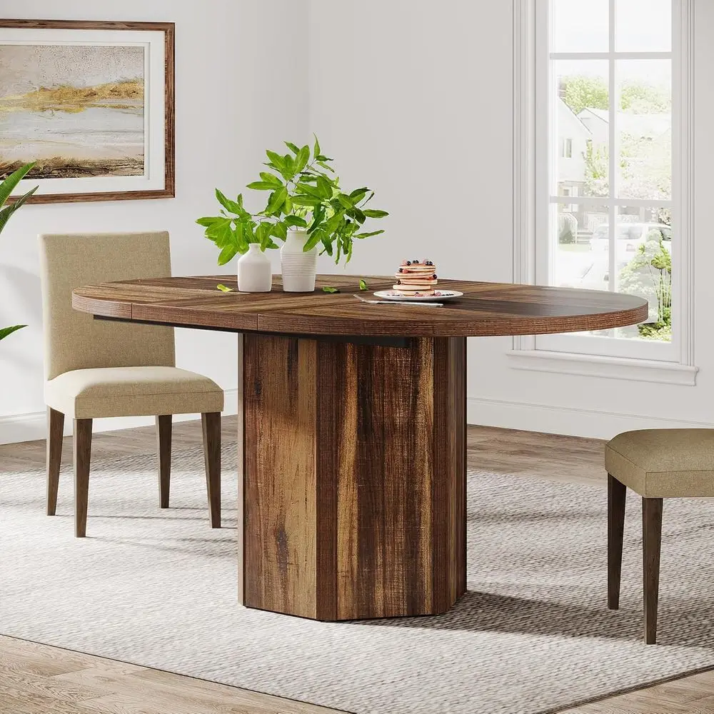 โต๊ะรับประทานอาหารทรงรีไม้สไตล์ชนบทสำหรับ 4-6 คน เหมาะสำหรับห้องครัวและห้องนั่งเล่น สีน้ำตาล