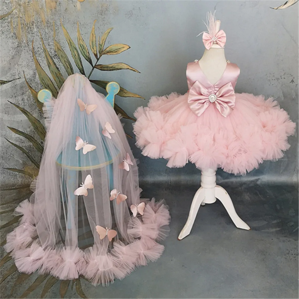 Puffy Flower Girl Dresses Pink Baby Kids Tulle Butterfly Birthday Party Dress with Train Bow Frist Communion Ball Gown