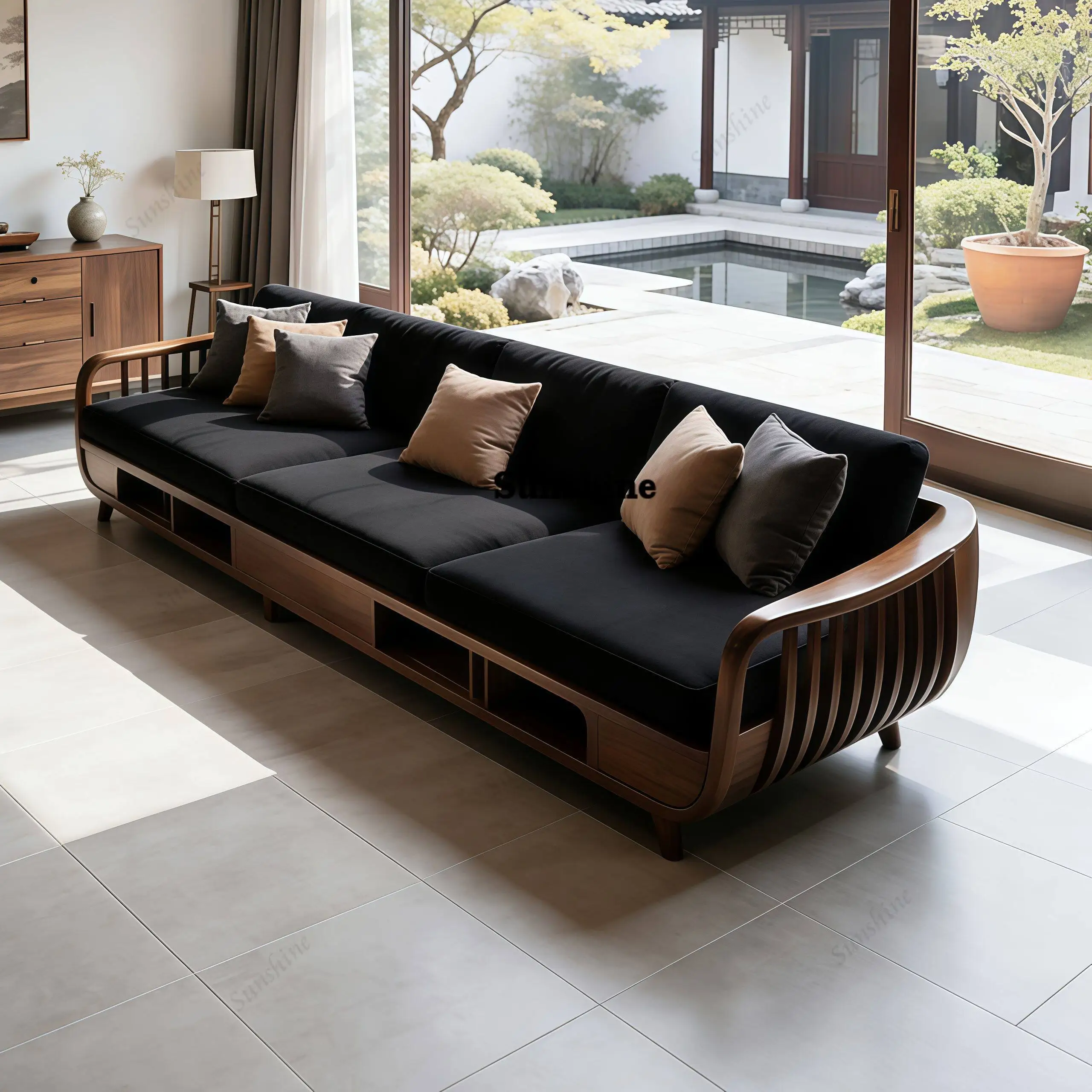 

Wabi-sabi style solid wood three-seater leather art living room hotel villa sofa