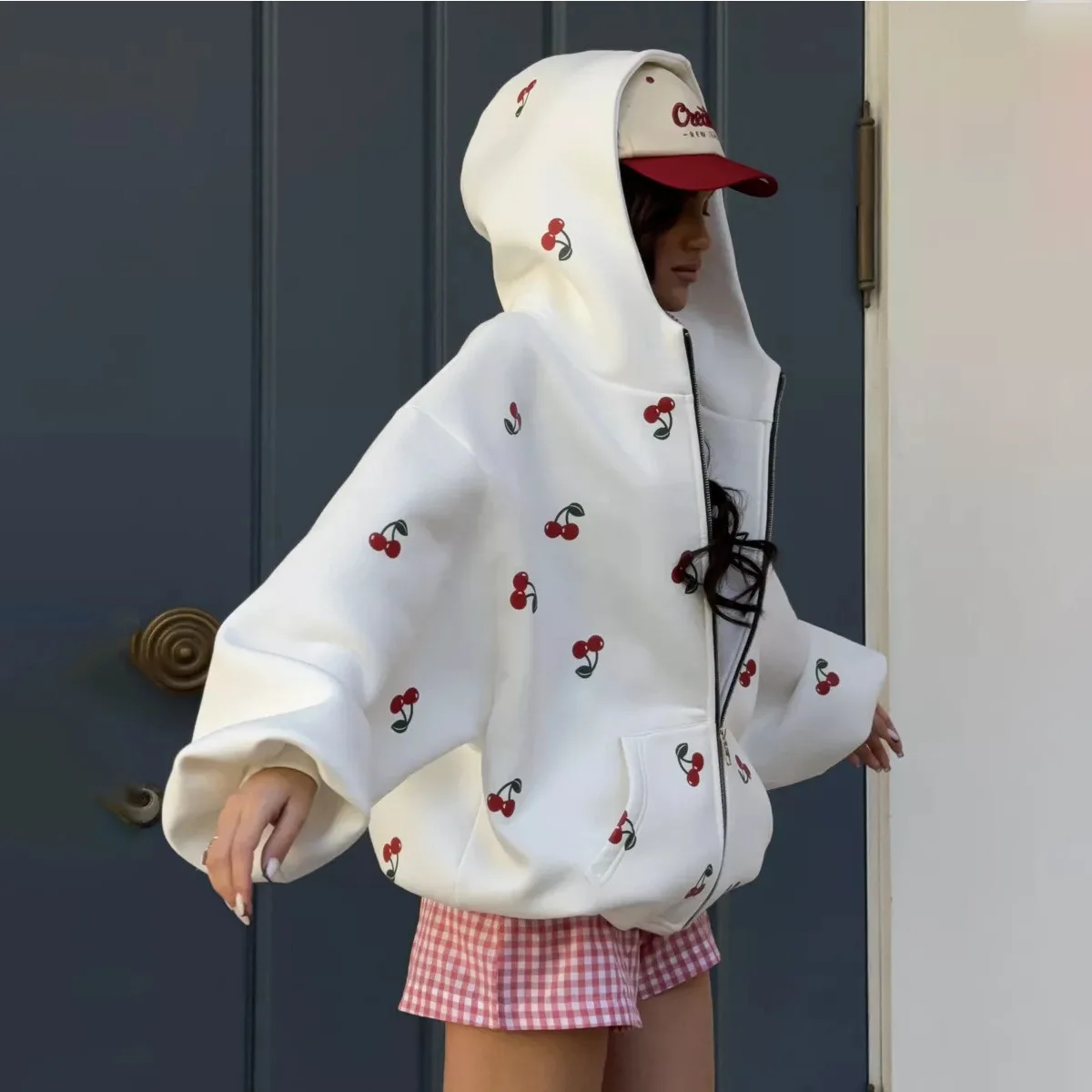 Cherry Print Sweater Jacket Autumn Women Street Style Fashion Loose All-match Sports Hoodie Women
