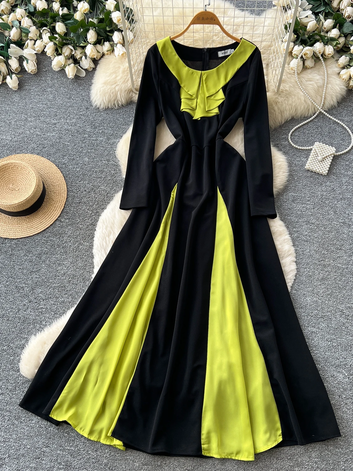 Commute Color Block A-Line Dress Women's Long Sleeve Slimming Gown Elegant Long Dress High-End Feeling Small Audience Dress