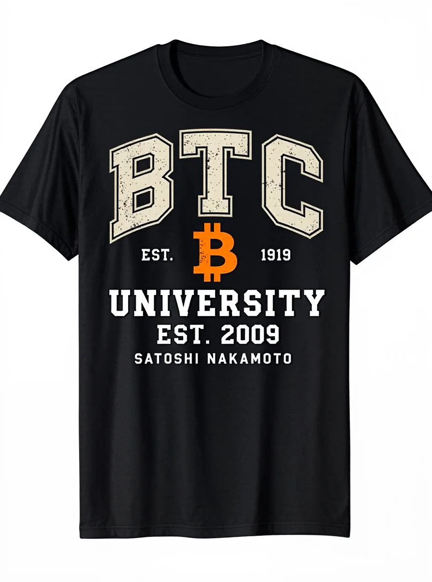 

Bitcoin BTC University T-Shirt - Satoshi Nakamoto Print Casual Crew Neck Tee
