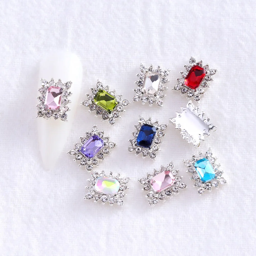 10PCS/Bag 3D Square Alloy Octagonal Gems Nail Art Charms Gold/Silver Rhinestone Flatback Crystal Colorful Diamond Decorations