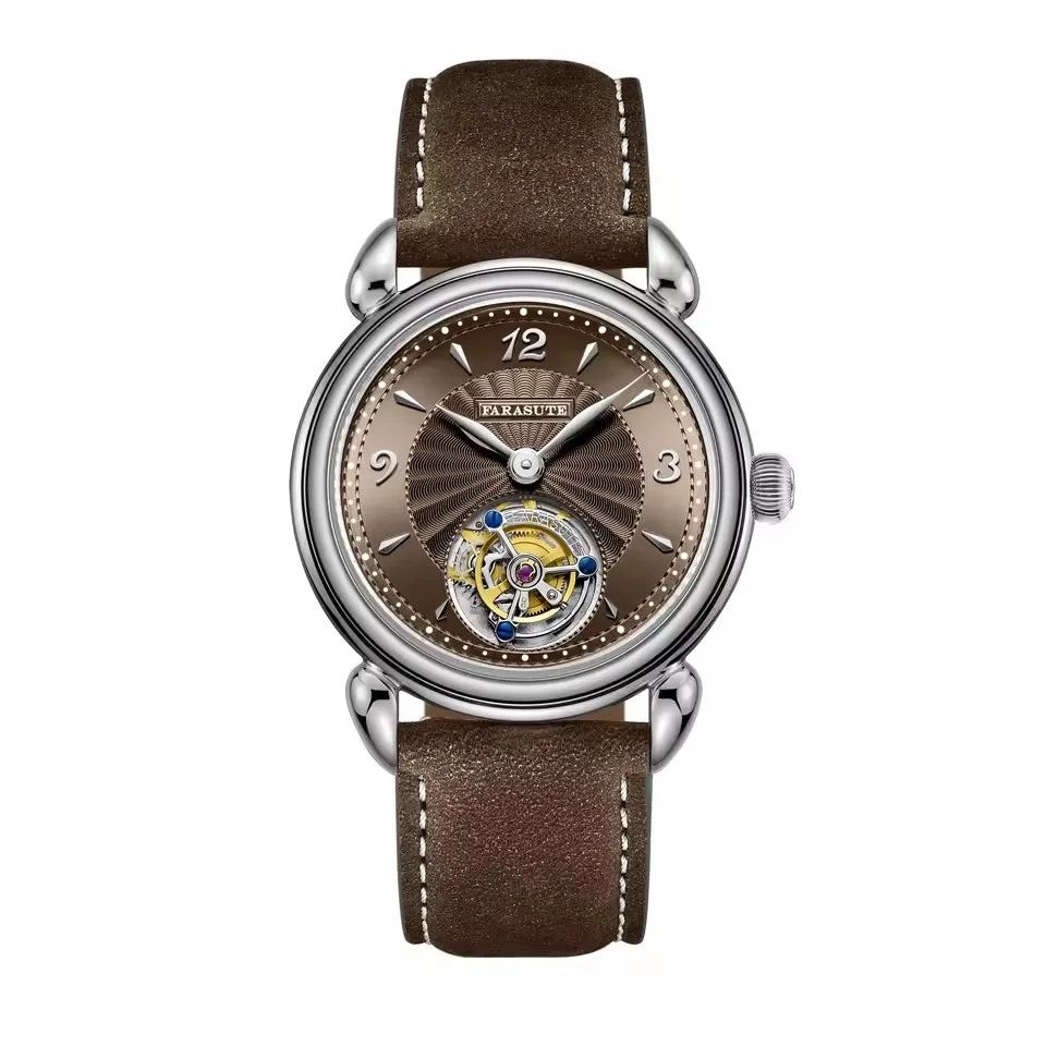 ساعة FARASUTE للرجال توربيون 37 ملم ساعة يد ميكانيكية عتيقة رفيعة للغاية ومرآة من الياقوت بمينا أشعة الشمس